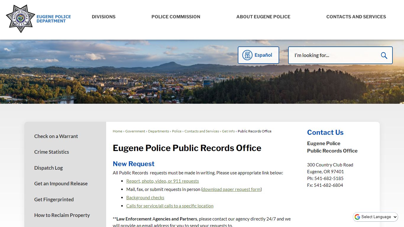 Eugene Police Public Records Office | Eugene, OR Website